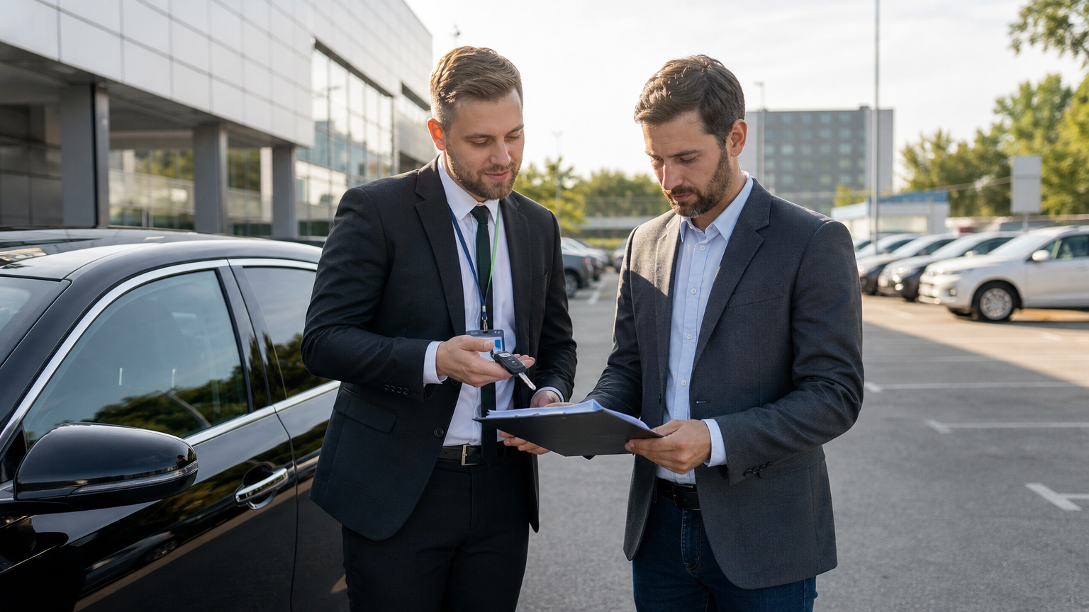 Odbiór samochodu — pracownik przekazuje kluczyki klientowi przy pojeździe na parkingu